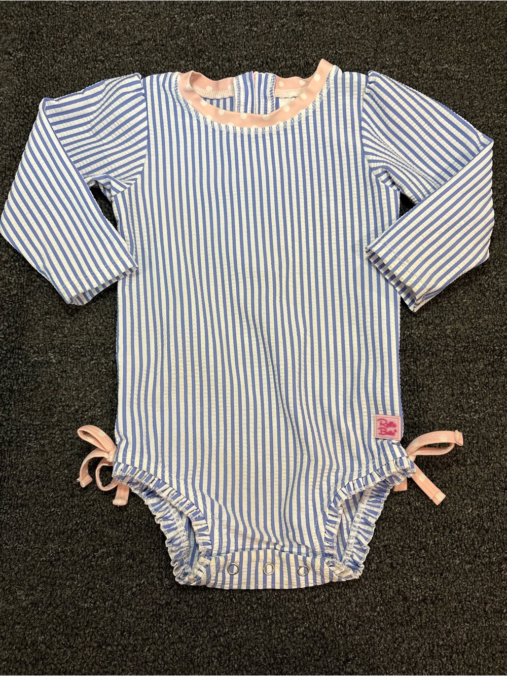 Ruffle Butts Blue & White Striped Long-Sleeve One-Piece with Pink Trim